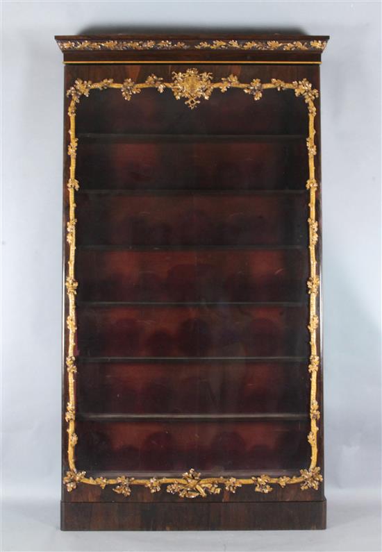 A Victorian rosewood and holly wall mounted display cabinet, mid 19th century, W.4ft 6in.